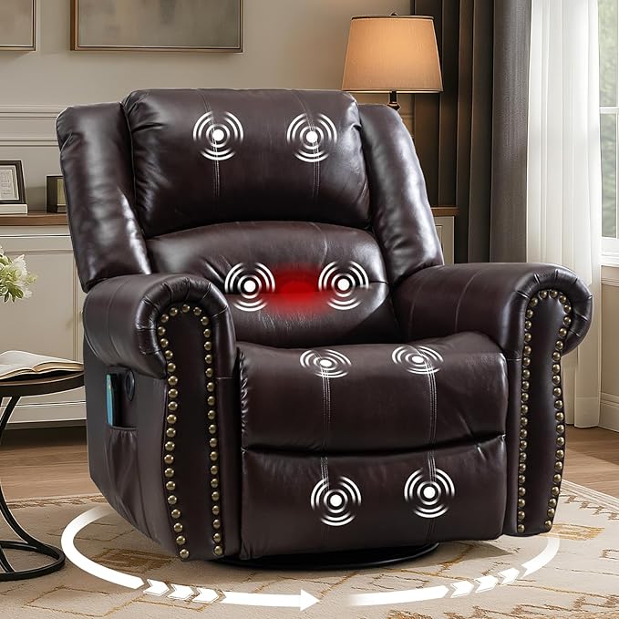 MEETWARM Massage Swivel Rocker Recliner with Heat and Vibration Manual Glider Rocking Recliner Chair 360°Swivel Lounge Reclining Chair with Remote Control/USB Ports for Living Room(Dark Brown)