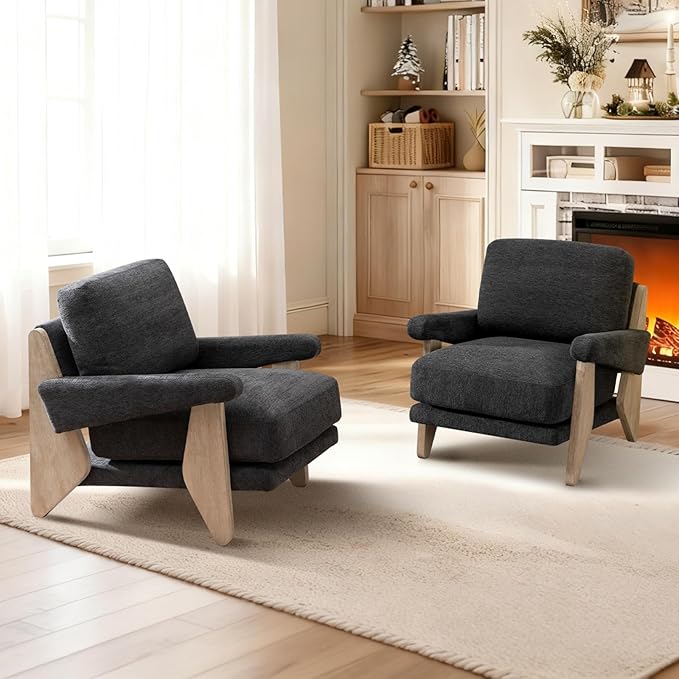 2 Pcs Accent Chair Mid Century Modern Chenille Armchair Solid Wood Frame Lounge Upholstered Armchair Reading Chair Sturdy Base For Living RoomBedroomOfficeComfy Guest Waiting Room ChairsGrey