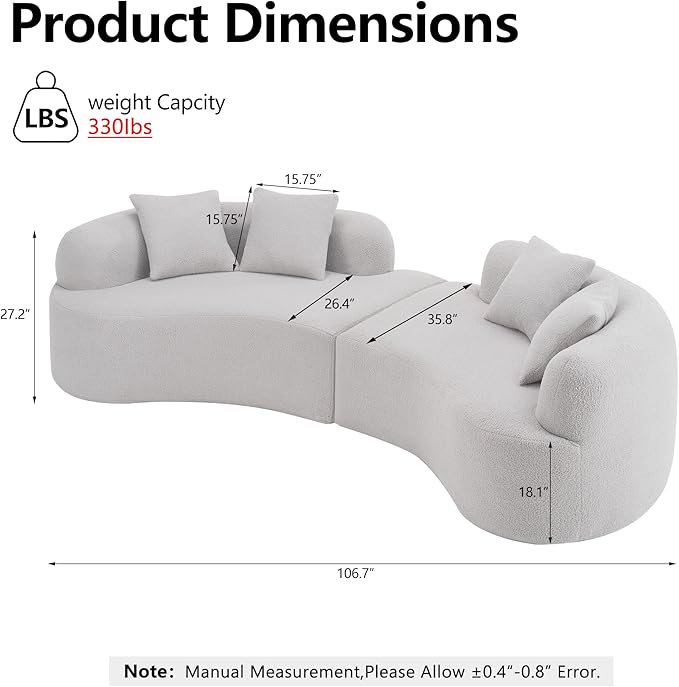 106”Curved Sectional Sofa Cloud Sectional Couch with Deep Seat and 4 Throw Pillows Plush Teddy Fabric Suitable Living Room Bedroom Cloud Couch No Assembly Needed Grey