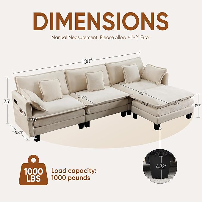 108 L Shaped Modular Sectional Cloud Couch with Ottoman 3 Seats Modern Sofas with Charger USB &amp Type-c Port with Deep Seat for Living Room Bedroom and Apartment White