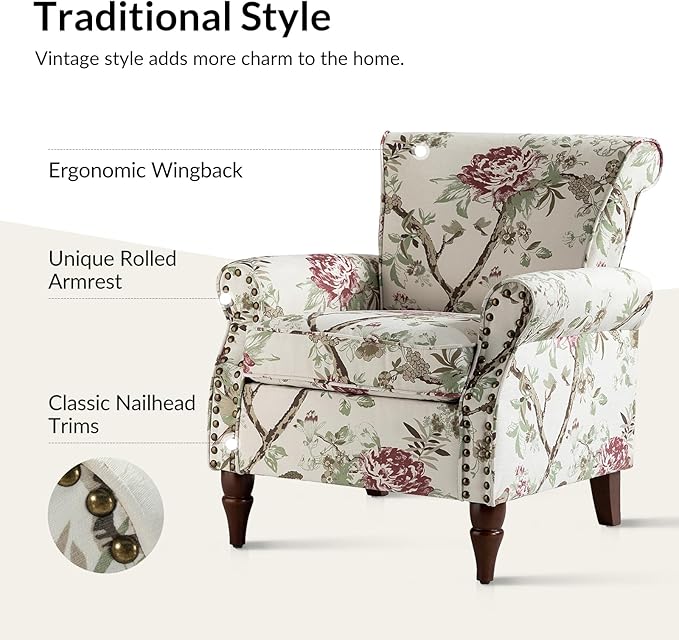 Wingback Accent Chair with Wood Legs Modern Comfy Upholstered Armchair with Removable Cushion and Nailhead Trim Floral Pattern Single Sofa Reading Chair for Living Room Bedroom
