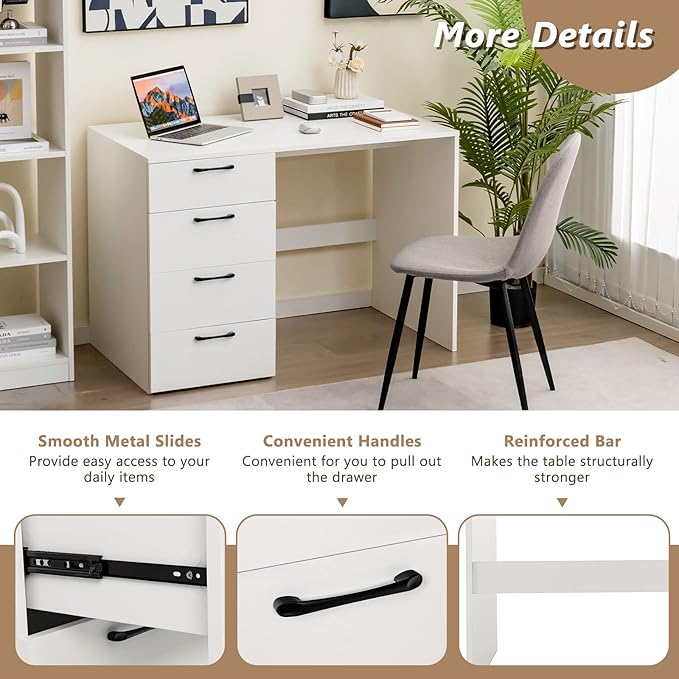 COSTWAY White Computer Desk with 4 Large Drawers Home Office PC Desk Workstation for Writing Modern Computer Table for Bedroom Study Living Room