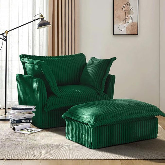 49''W Corduroy Chaise Lounge Chair Indoor Oversized Upholstered Sleeper Sofa with Movable Ottoman and 2 Pillows Removable Sofa Cover for Living Room Home Theater Apartment(Green)