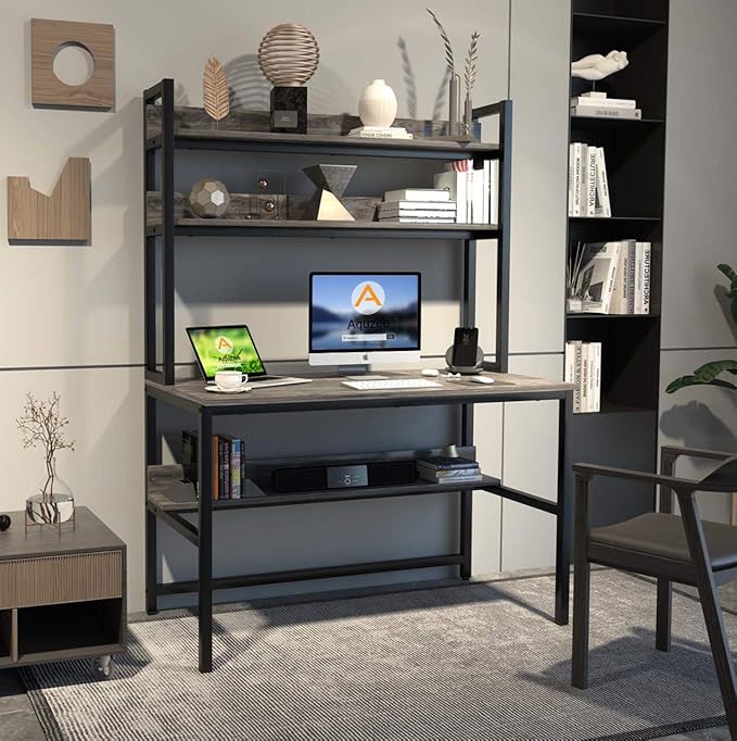 Aquzee Desk with Hutch Bookshelves Computer Desk with 3 Tiers Storage Shelves Space Saving Design Black Metal Legs Desk with Grey Board Easy Assemble