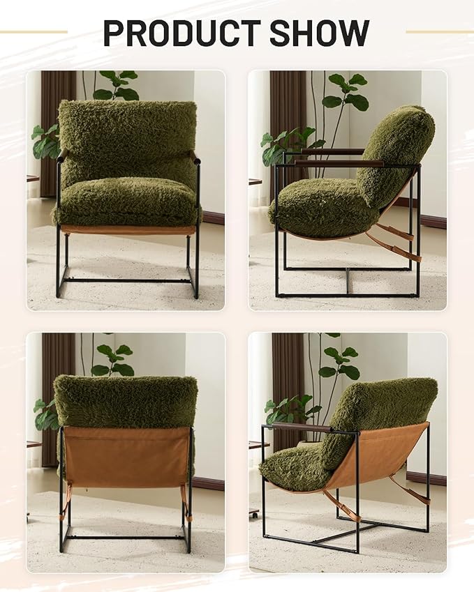 Karl home Modern Accent Chair Plush Fleece Upholstered Living Room Chair with Metal Frame Wooden Armrest Comfy Lounge Armchair for Living Room Bedroom Balcony Reading Room Green