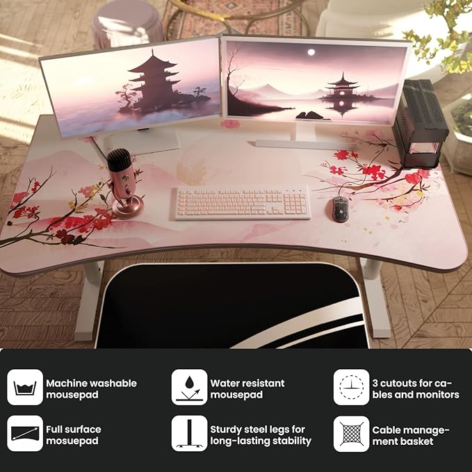 Arozzi Arena Special Edition Ultrawide Curved Gaming and Office Desk with Full Surface Water Resistant Desk Mat Custom Monitor Mount Cable Management Cut Outs - Sakura