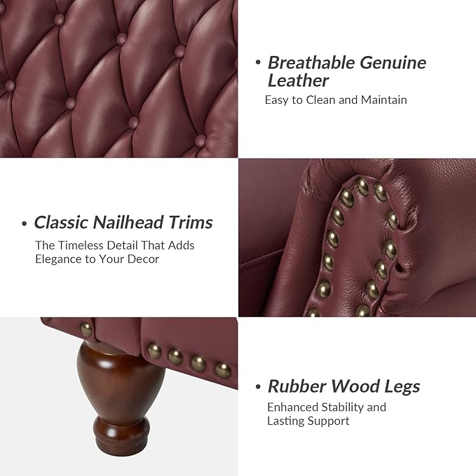 HULALA HOME Genuine Leather Recliner Chair with Solid Wood Feet Modern Adjustable Tufted Push Back Arm Chair w/Rivet Decoration Home Theater Seating Single Reclining Sofa for Living Room Burgundy
