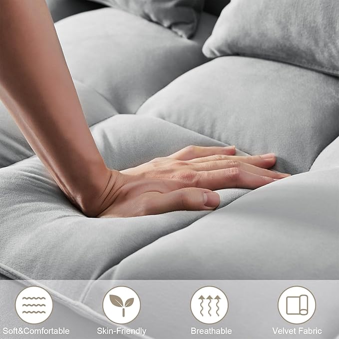 3 in 1 Convertible Sleeper Sofa Couch with Pull Out Bed55 Velvet Upholstered Futon Sofa BedModern Loveseat Sleeper Chaise with Adjustable Backrest for Living Room Guest Room Apartment(Grey)