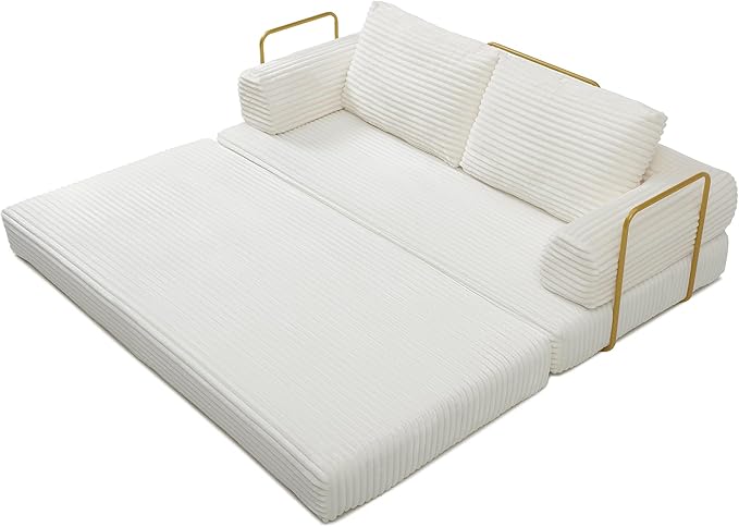 80 Convertible Sofa Bed Modern Corduroy Sleeper Sofa Folding Floor Couch with Golden Fixed-Shape Frame Beige Boneless Loveseat Sofas Bed for Living Room Bedroom No Assembly Needed