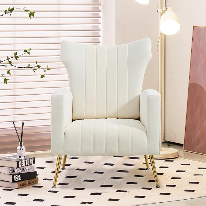 Generic Modern Velvet Accent Chair with Arms Wingback Reading Chair with Gold Metal Legs Comfy Upholstered Single Leisure Sofa for Living Room Bedroom ClubVelvetWhite