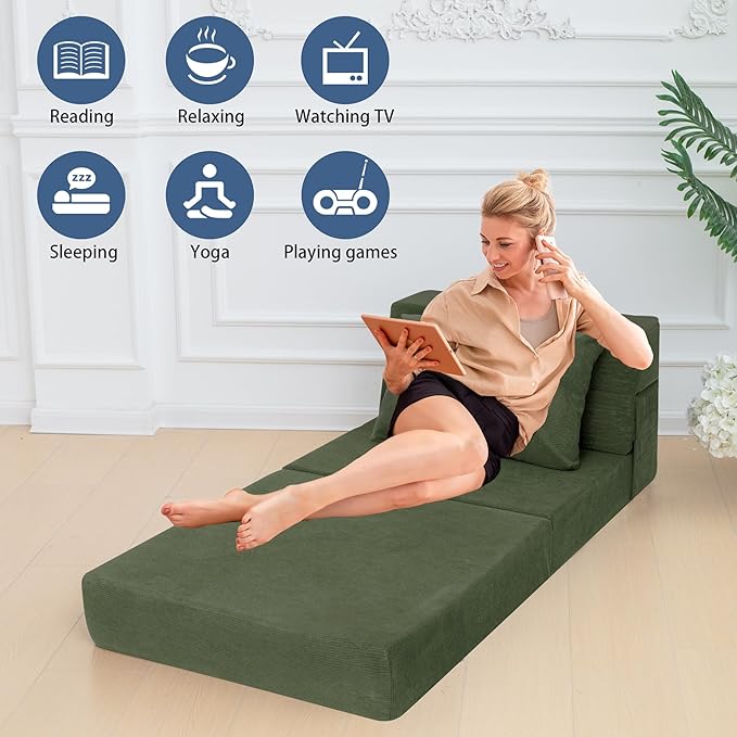 Sofa Bed Foldable Mattress Folding Sleeper Sofa Chair Bed Floor Mattress with Pillow for Living Room Home Office (Green-Corduroy Single)