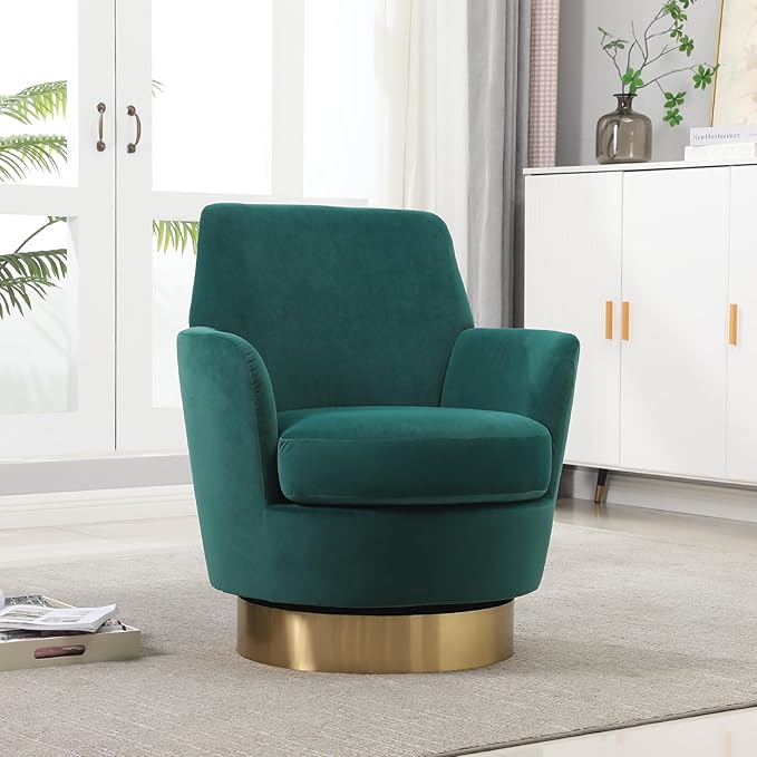 360° Swivel Barrel Accent Chair Comfy Round Accent Chairs with Gold Iron Base &amp Dual-Layer Cushion Modern Lounge Reading Armchair Upholstered Sofa Chair for Living Room Bedroom(Velvet Emerald
