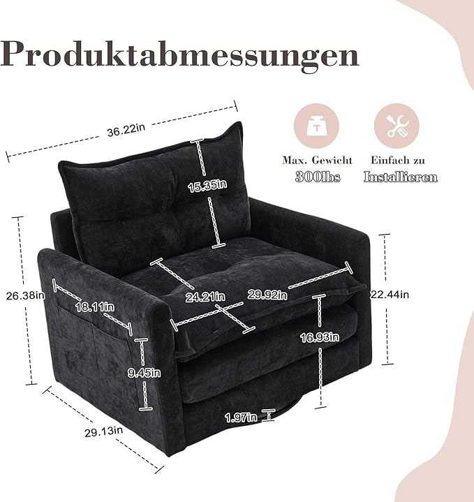 Swivel Accent Chairs for Living Room 36.2 Comfy Swivel Chair with Solid Metal Base Single Sofa with Pillows &amp Side Pockets (Black)