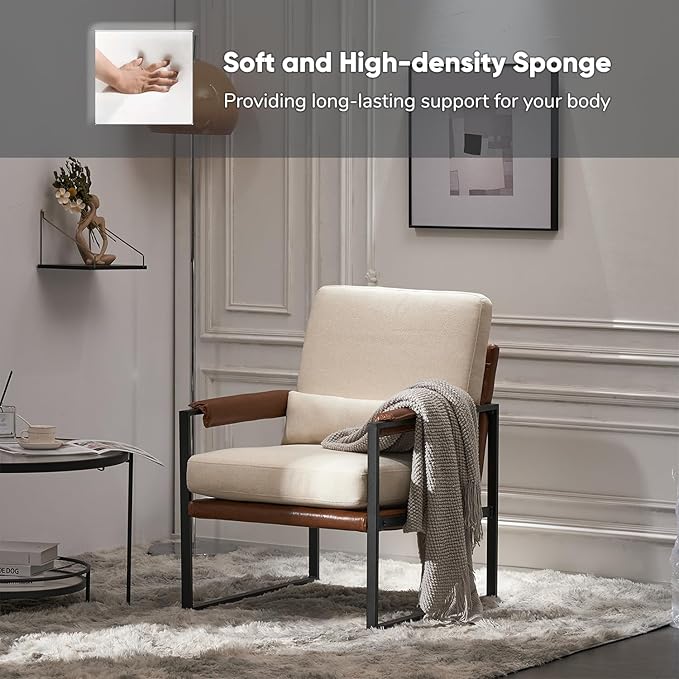 JOYBASE Modern Accent Chair Mid Century Modern Chair Armchair Metal Frame Comfy Reading Chair Lounge Arm Chair for Living Room Bedroom (Beige &amp Brown Linen)