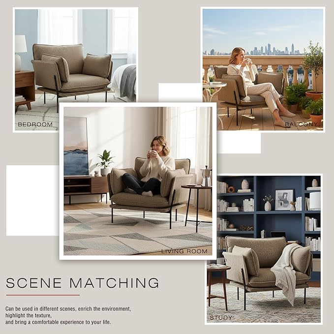 Modern Boucle Accent Chairs Set of 2 for Living Room ChairsOversized Upholstered Reading Chair Lounge Armchair with Sturdy Metal LegsComfy Single Sofa Chair for Living RoomWaiting Room（Brown）