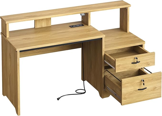 Bestier 55 Computer Desk with Power Outlets &amp LED Lights Home Office Desk with Lockable File Drawer &amp Printer Shelf Monitor Stand Modern Workstation for Gaming Study Natural Oak