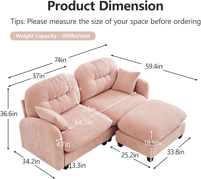 74 Oversized Modular Sectional Sofa Pink Large Sectional Couches for Living Room Chenille Fluffy Sofa Set Cloud Love Seat Comfy Modular Couches with 1 Ottoman Modern Sofas para Sala L Shaped