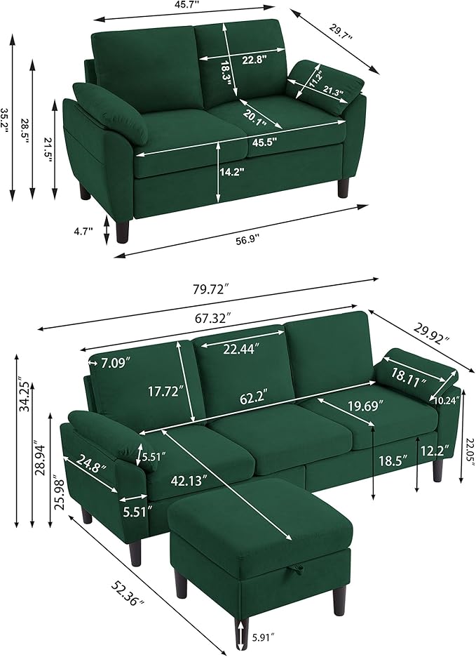 Convertible Sectional Sofa Set 79 Modern L Shaped Couch and 57 Loveseat Linen Upholstered 3 Seat Sofa Couches for Living Room Apartment Green