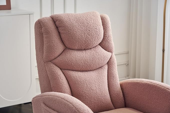 Rocking Chair with Foot Rest Nursery Glider Teddy Gliding Rocking Chair with Retractable Footrest Rubber Wood Legs Side Pocket High Back &amp Wide Seat Nursing Chair for Living Room (Pink)