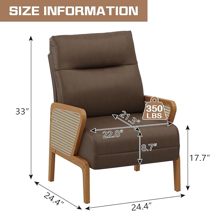 Alunaune Upholstered Living Room Chairs Accent Chair Armchair Set of 2 Natural Rattan Faux Leather Slipper Club Chair Guest Reception Couch Comfy Single Sofa for Reading Bedroom-Brown
