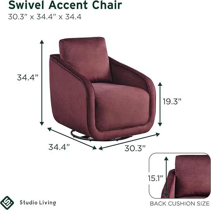 Studio Living® Lydia 35.3 Swivel Accent Chair Modern Boho Fully Assembled Pocket Coil Comfort Round Swivel Base Leg Soft Velvet Fabric Plum