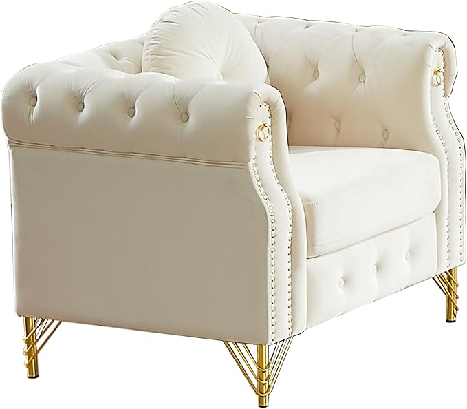 ERYE 37-Inch Chesterfield Button Tufted Single Sofa with Round Pillow Single Seat Velvet Tufted Sofa W/Nailhead DecorRing Accent &amp Golden Legs