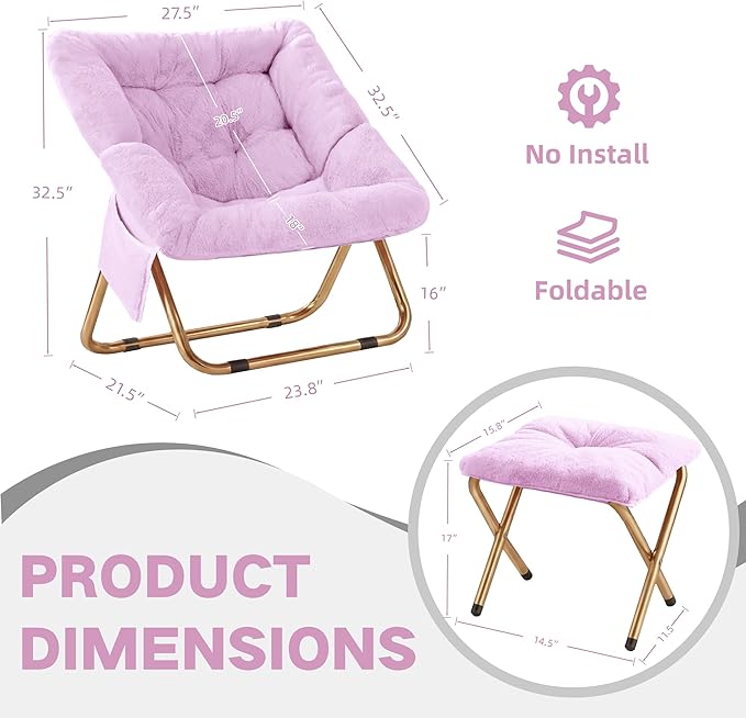 Comfy Saucer Chair for Adults Foldable Living Room Chairs Soft Faux Fur Lounge Chair for Bedroom Reading Chairs X-Large (Ottoman-Lavender)