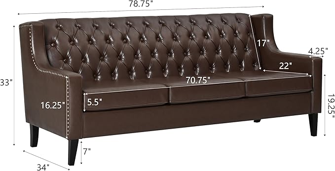 GDFStudio 78.75 3-Seater Sofa Button Tufted Backrest Big Comfy Couch with Cushions Mid Century Modern Couches Home Living Room Sofa Upholstered Sofas &amp Couches for Apartment Bedroom Dark Brow