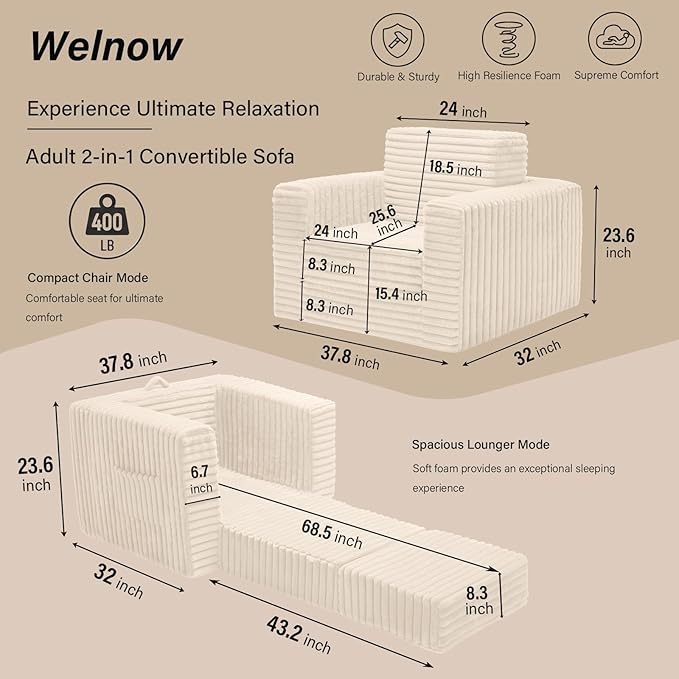 Welnow Folding Sofa Bed with Ottoman Convertible 2-in-1 Boneless Couch Futon Lounge Chair Bed for Adults Comfy Fold Out Sleeper Sofa for Small Spaces Living Room Bedroom or Dorm Beige