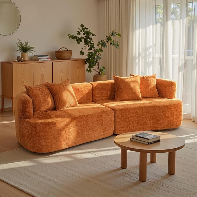 106 Modern Curved Boneless Sectional Couches for Living Room Luxury Chenille Fabric Oversized Modular Cloud Sofa with 4 Pillows Comfy Deep Seat Foam Couch in Box No Assembly (4 Seater Orange)