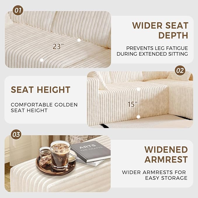 108” L Shape Sectional Boneless Couch35D Sponge Comfy 3 Seat SofaCloud Thickened FlannelModular Couches for Living RoomNo AssemblyDeep SeatOversized Chaise (White 108 Right Chaise)