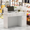 Homsee Modern Reception Desk with 3 Drawers 1 Door Storage Cabinet &amp Hutch Shelf Office Wooden Computer Desk Writing Study Table PC Laptop Desk White (47.3 L x 18.3 W x 43.3 H)