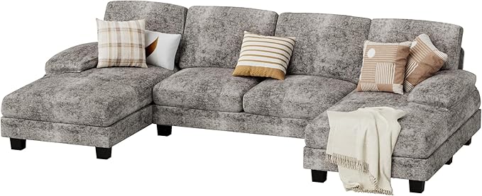 JUMMICO Sectional Couches for Living Room U Shaped Couch with Chenille Fabric 4 Seat Modern Sofa with Removable Pillows for Apartment and Small Space (Fabric Grey)