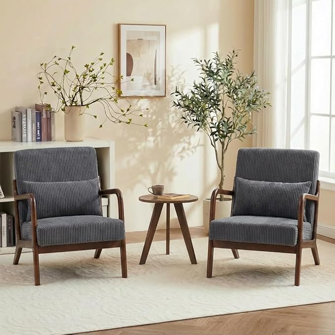 Corduroy Upholstered Mid Century Modern Accent Chair with Wide Armrests and Pillow Comfy Reading Armchair for Living Room Bedroom Guest Room (Antique Dark Grey+Walnut Finish Frame)