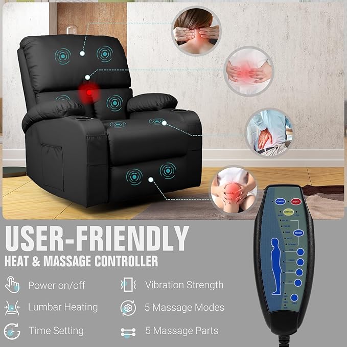 LEVELEVE Rocking Recliner Chair Massage Chair with Vibration Massage and Heat 360° Swivel Faux Leather Chairs Living Room Bedroom Nursery RV Black