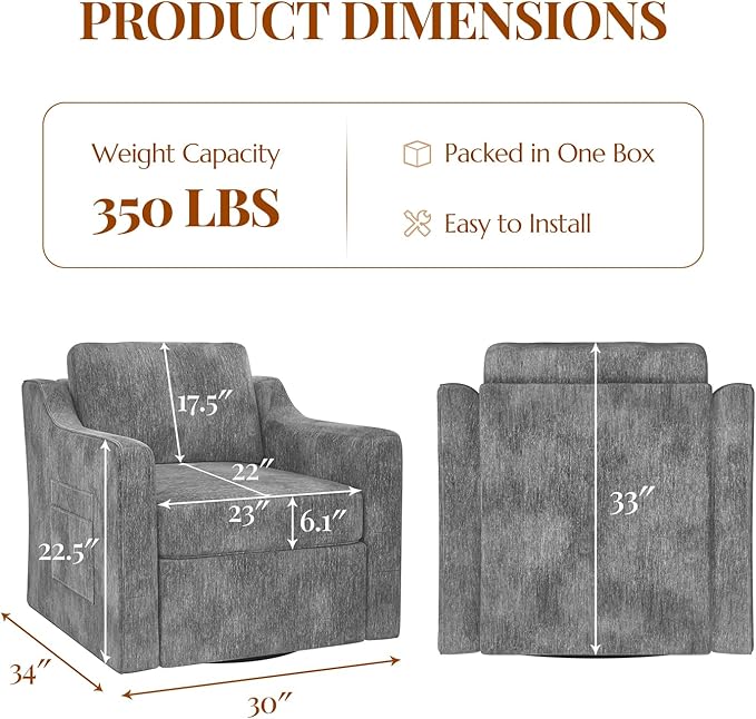 360° Swivel Accent Chair Large Comfy Reading Chairs Accent Square Single-seat Armchair Upholstered Sofa for Reading Nursery Living Room Bedroom Hotel Lounge Grey