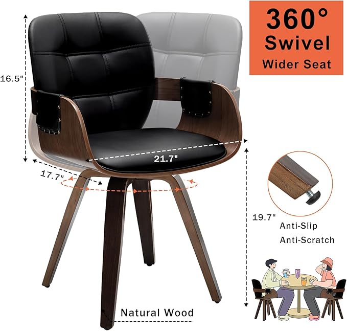 Set of 4 Mid Century Modern Chairs - Swivel Dining Chairs with Arms and Curved Back Faux Leather Reception Room Chairs Ideal for Kitchen/Living Room/Reception/Desk (Walnut Black)