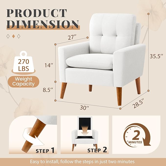 Furmax Accent Chair Mid-Century Modern Upholstered Armchair Comfy Reading Sofa Chair for Living Room Bedroom Apartment White