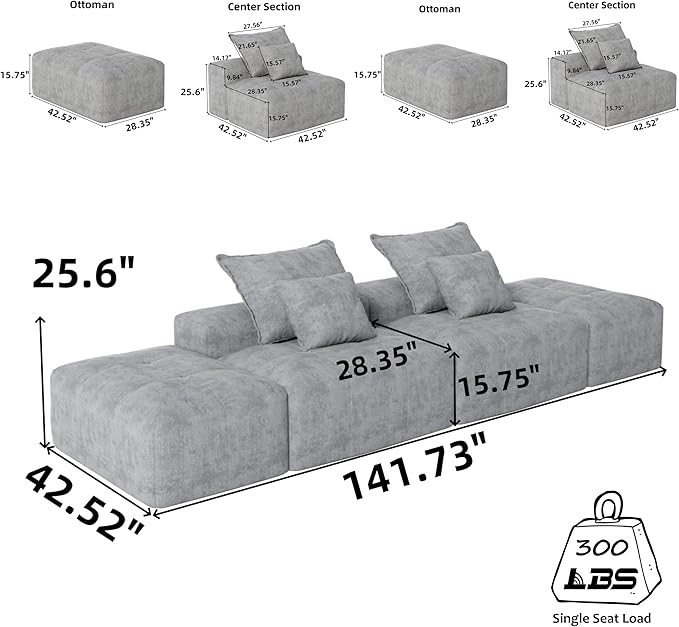 141'' Cloud Couch Modular Sectional Sofa with 2 Ottoman Oversized Loveseat Compression Boneless Sofa with Deep Seat Chenille Chaise Longue Minimalist Couches for Living Room Black