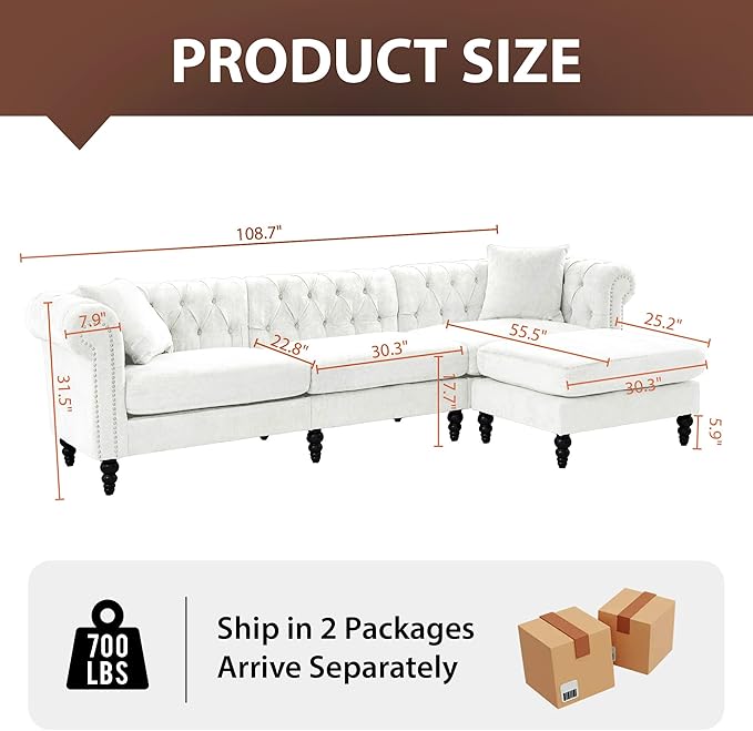 LEVNARY 108” L-Shaped Chesterfield Sectional Couch with Movable Ottoman 4-Seat Couch with Rolled Arms Upholstered in Linen-Like Fabric Mid-Century Tufted Corner Sofa for Living Room Office (White)
