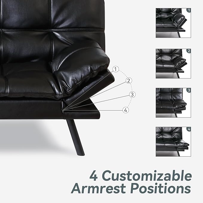 Futon Sofa Bed Convertible Couch Black Faux Leather Sofa Bed with Memory Foam Adjustable Backrest &amp Armrests Multifunctional Small Loveseat Sleeper Sofa for Living Room Apartment Office