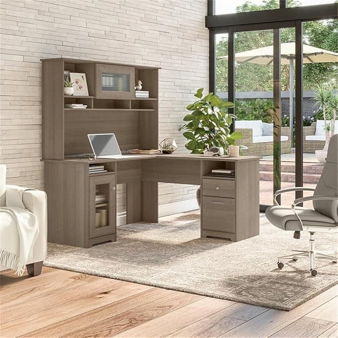 BOWERY HILL 60W L Shaped Computer Desk with Hutch Ash Gray Engineered Wood Built-in Wire Management Storage Cabinet File Drawer Box Drawer Fluted Glass Door Home Office Furniture
