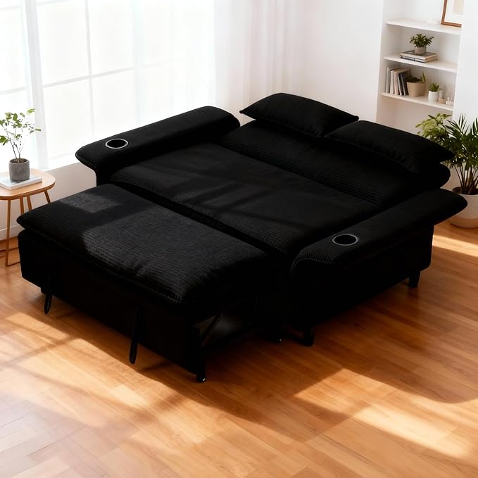 3 in 1 Convertible Sleeper Sofa Bed Loveseat Sleeper 65” Pull Out Couch Adjustable Armrest and Backrest with 2 Pillows for Living Room Bedroom (Black)