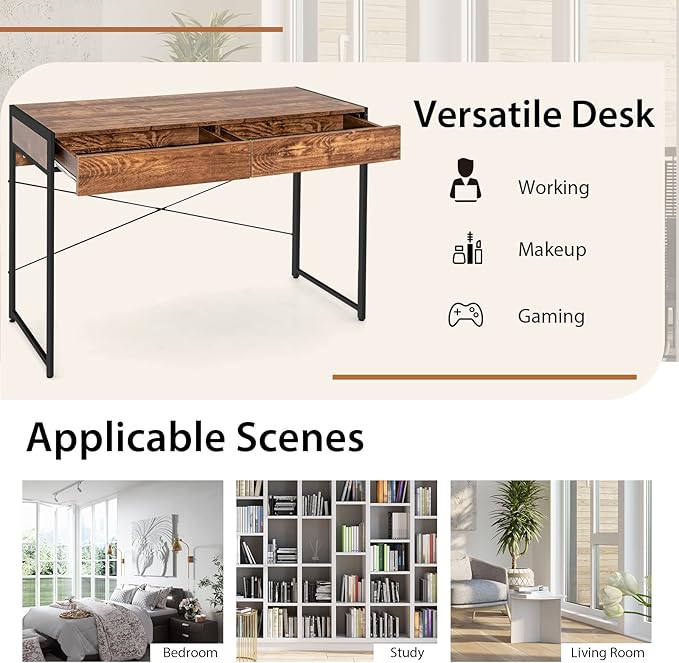 Tangkula Industrial Computer Desk with 2 Drawers Simple Study Writing Desk with Drawers 44 Inches Laptop PC Workstation Student Desk Home Office Desk Ideal for Bedroom &amp Office (Rustic Brown)