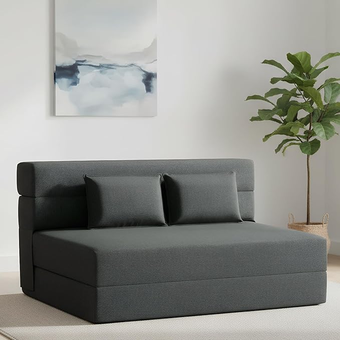 FILUXE Convertible Folding Sofa Bed - Sleeper Chair with Pillow Modern Linen Fabric Floor &amp Futon Couch Foldable Mattress for Living Room/Dorm/Guest Use/Home Office/Apartment Queen Size Dark G