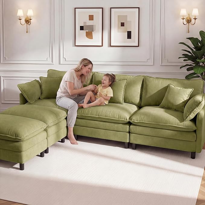 110 U-Shaped Modular Sectional Couch Modern Cloud Couch with Ottoman 5-Seat Chenille Sofa with Pillows Deep Seat Comfy Couch for Living Room Bedroom Green