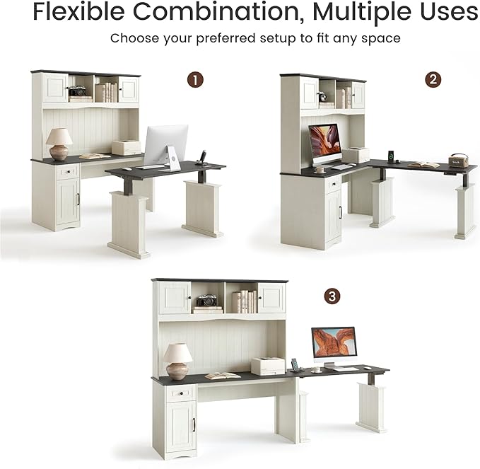 FEZIBO 60 L Shaped Executive Standing Desk with Hutch and Storage Cabinet Farmhouse Standing Desk with Charging Station Reversible Home Office Workstation Antique White