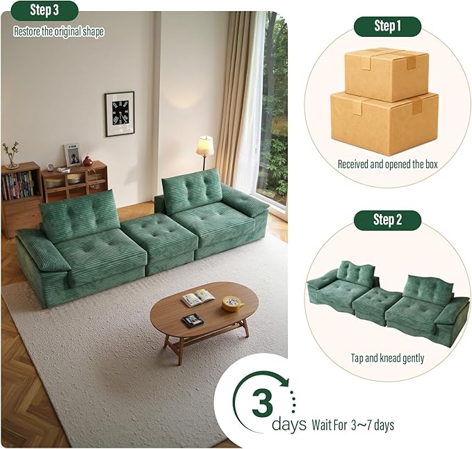 109.5 Loveseat Sofa with Ottoman Corduroy L Shape 3 Seater Couch Modular Sectional Couch for Living Room Small Spaces Apartment No Assembly Required Green