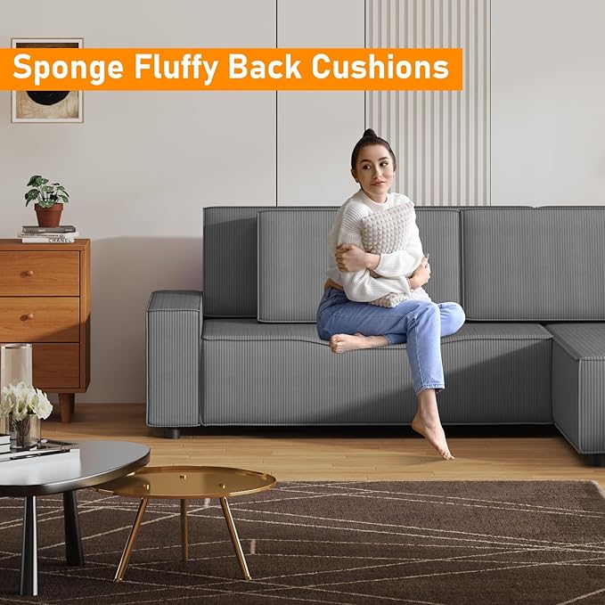 GAOMON Fine Stripe Corduroy Sectional Sofa l Shaped Modern Corduroy Couch Comfy Sofa Couch with Deep Chaise for Living Room Apartment Hotel 96 w*61 d*32 h Dark Grey