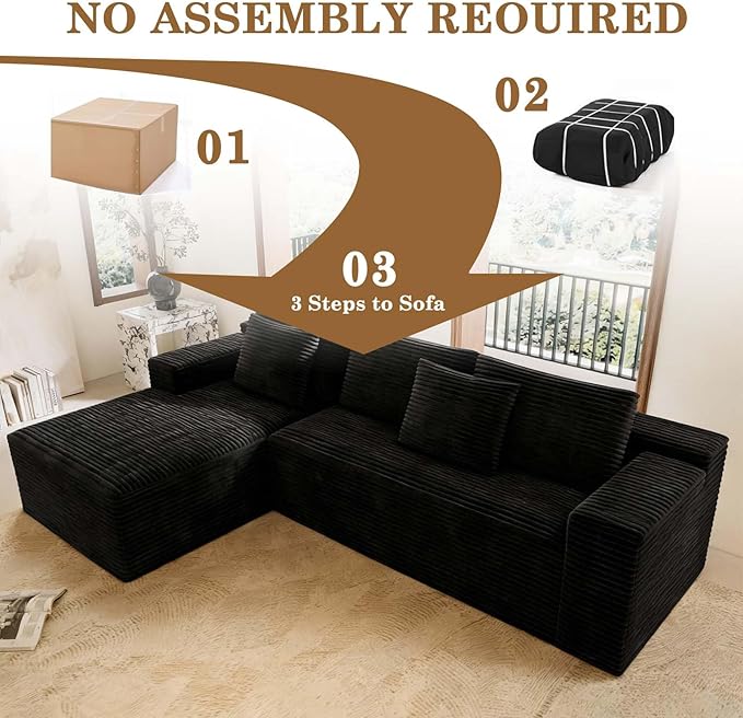 104 Boneless Couch with Chaise Sectional Couches for Living Room L Shaped Couch 4 Seat SofaCompression Sofa for Bedroom Comfy No Assembly Corduroy (Black Left)